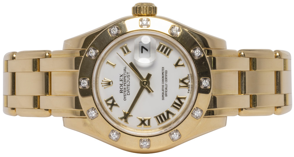 Rolex Pearlmaster 29, Hvid, Romer, Diamant, Guld