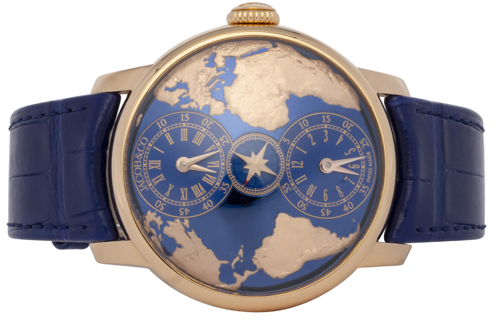 Jacob & Co The World Is Yours Dual Time Zone, 43, Blå, Roséguld, læder