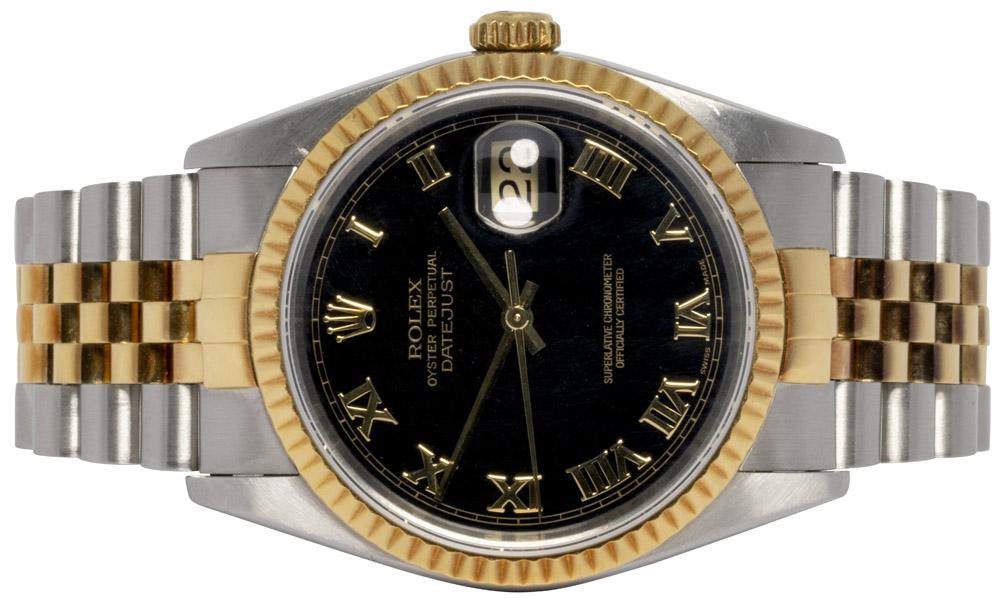 Rolex Datejust 36, Sort Pyramid, Romer, Guld/stål, Jubilee