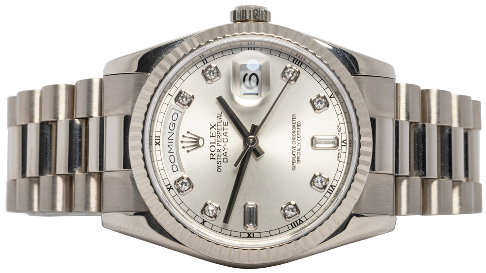 Rolex Day-Date 36, Sølv, Diamant, Hvidguld, President