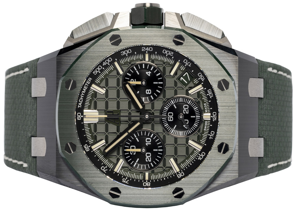 Audemars Piguet Royal Oak Offshore Chronograph 43, Grøn Mega Tapisserie, Keramik, Læder