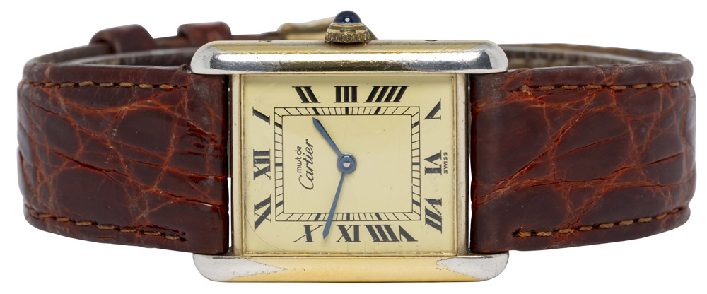 Cartier Tank Vermeil 23 x 30, Vintage, Sølv, Læder
